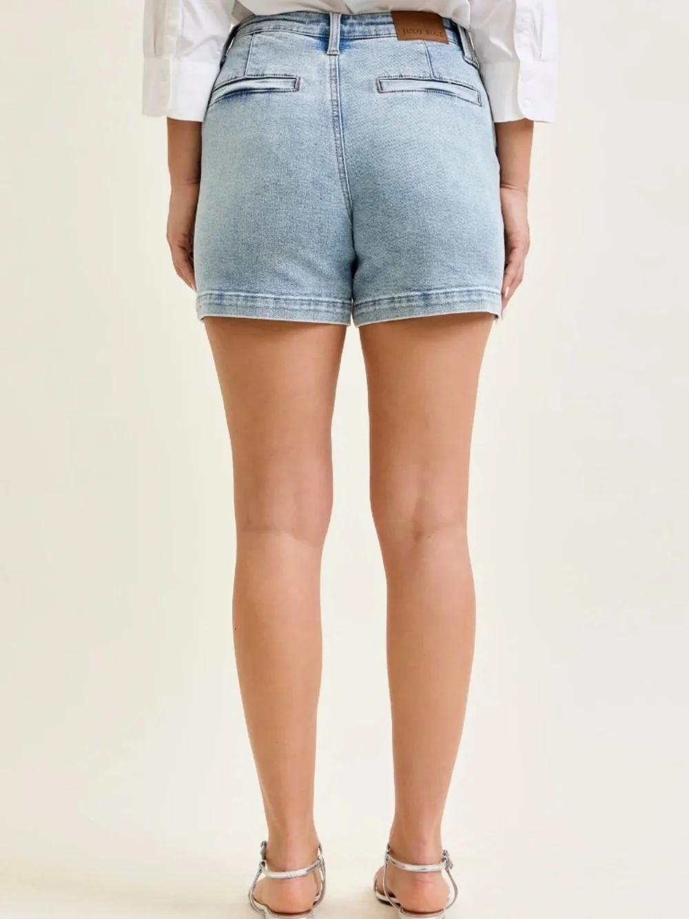 HIGH WAIST LIGHT WASH DENIM TROUSER SHORTS - Picture 2 of 4